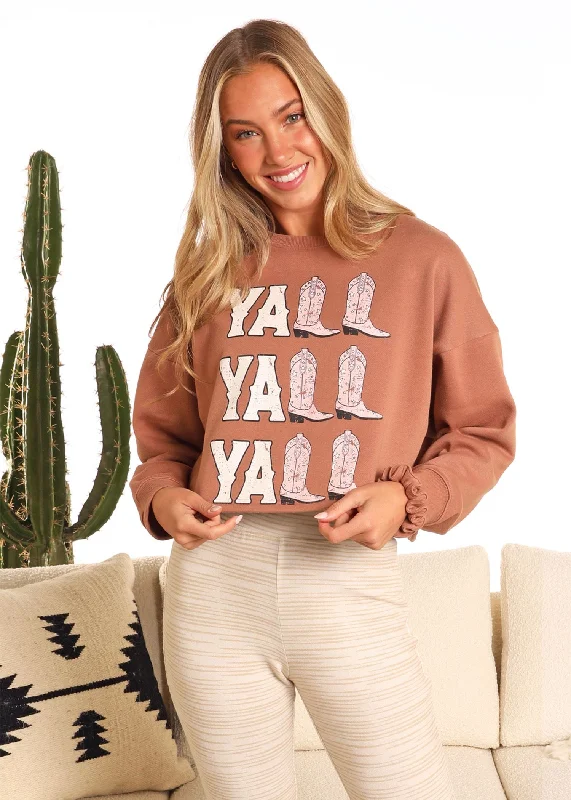 Women's Rock & Roll Y'all Graphic Pullover Sweater Mesh Blend Leather Blend Suede Blend