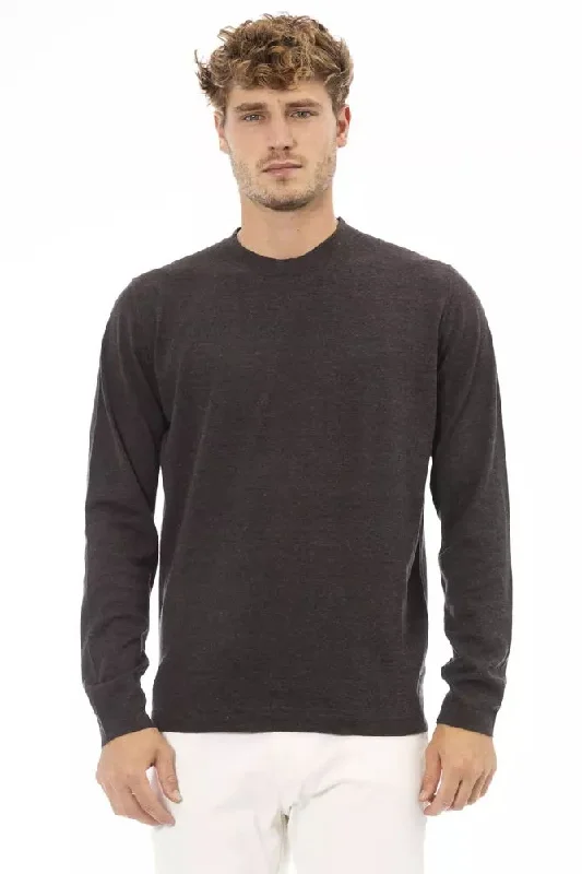 Brown Cotton Men Sweater Mesh Sweater Canvas Denim