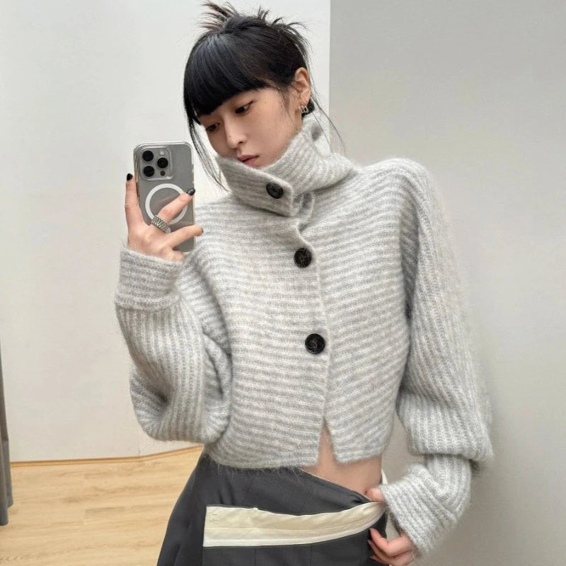 Advbridge Y2K Gray Striped Women Sweater Vintage Turtleneck Korean Fashion Knit Cardigan Harajuku Button Autumn Loose Old Money Satin Blend Silk Blend Wool Blend