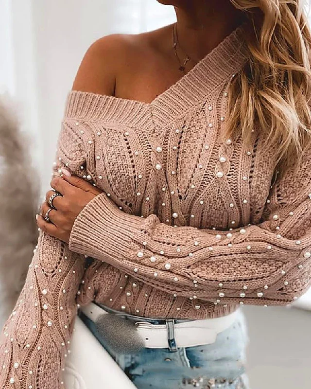 Cross border women's Pink V-neck bubble bead sweater Herringbone Houndstooth Plaid