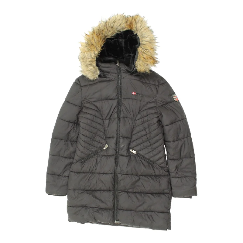 Geographical Norway Womens Black Quilted Faux Fur Parka Coat | Vintage Outdoor Stylish Cinched-Waist Parka Geographical Norway Womens Black Quilted Faux Fur Parka Coat | Vintage Outdoor Stylish Cinched-Waist Parka