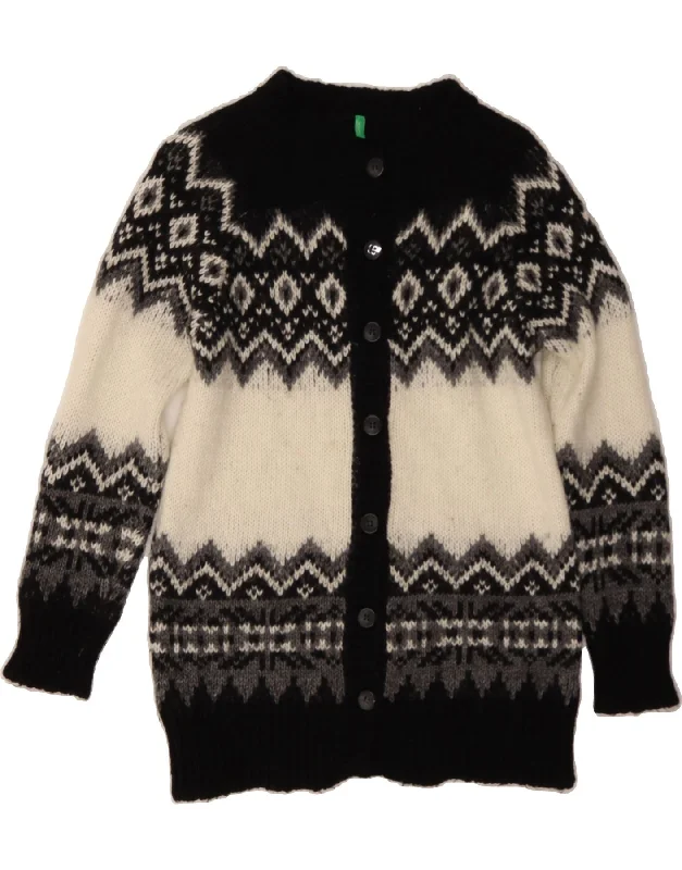 BENETTON Womens Longline Cardigan Sweater UK 14 Medium Black Fair Isle Satin Blend Silk Blend Wool Blend BENETTON Womens Longline Cardigan Sweater UK 14 Medium Black Fair Isle Satin Blend Silk Blend Wool Blend