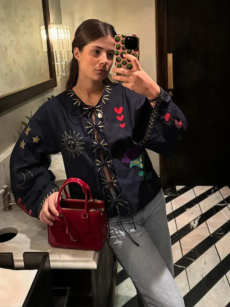 Advbridge Lace Up Hollow Out Print Embroidery Cardigan For Women Chic O-neck Long Sleeve Loose Coat 2024 New Lady Casual Outerwear Striped Floral Plaid