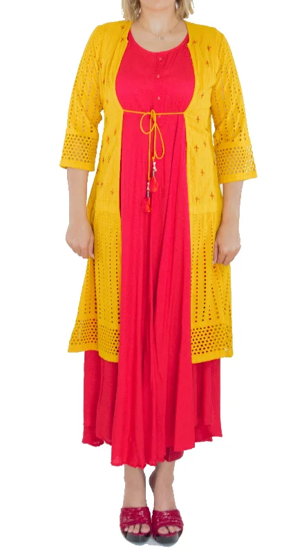 Red Color Kurti with Mustard Color Jacket Herringbone Jacket Houndstooth Jacket Plaid Jacket