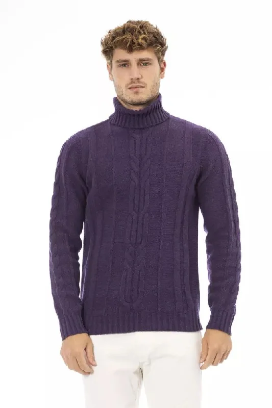 Purple Merino Wool Men Sweater Silk Blend Satin Velvet