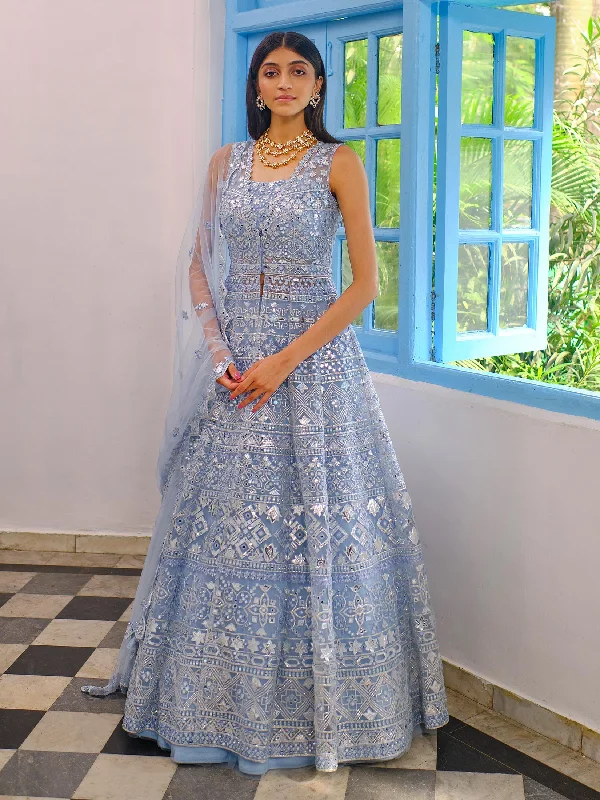 Blue Mirror Jacket/Lehenga Set Insulated Jacket Fitted Jacket Loose Jacket