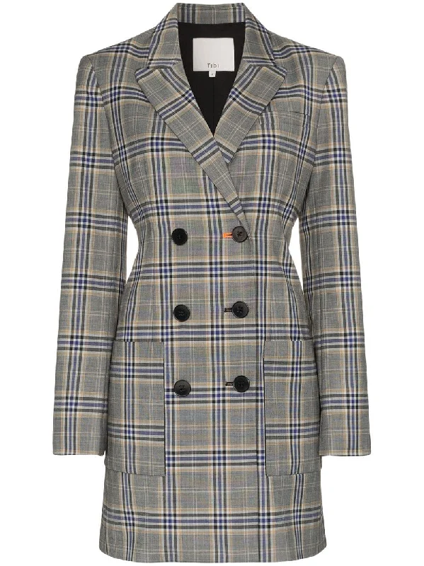 double breasted check print wool blend blazer dress Women's Navy Jacket