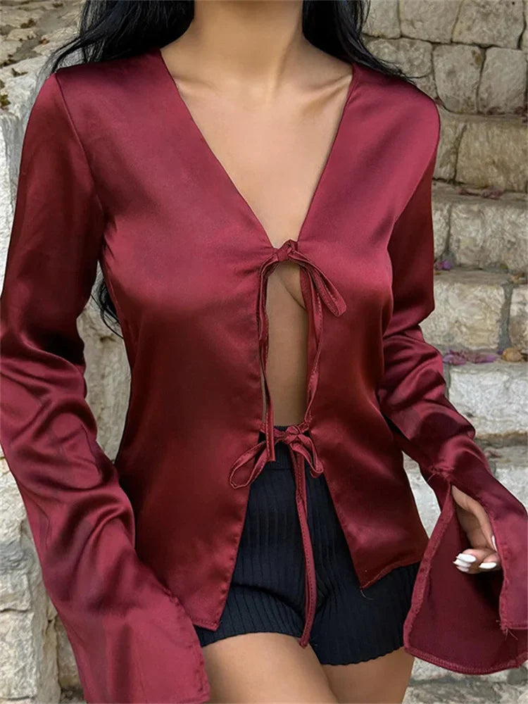 Advbridge Satin Hollow Out Lace-Up Cardigan Top For Women V-Neck Solid Patchwork Cropped Shirts Casual Autumn Bandage Y2k Top Tee Fitted Slim Tailored Advbridge Satin Hollow Out Lace-Up Cardigan Top For Women V-Neck Solid Patchwork Cropped Shirts Casual Autumn Bandage Y2k Top Tee Fitted Slim Tailored