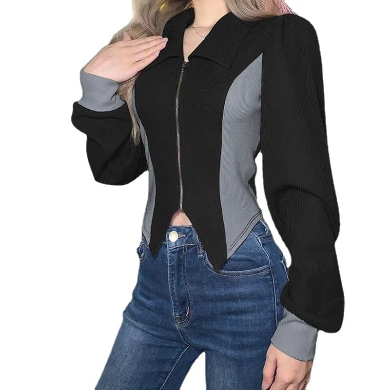 Women's Punk Puff Sleeved Zipper Irregular Cardigan Satin Fabric Silk Fabric Chiffon Fabric Women's Punk Puff Sleeved Zipper Irregular Cardigan Satin Fabric Silk Fabric Chiffon Fabric