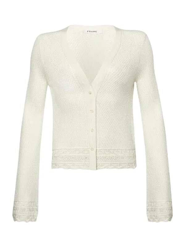 Pointelle Cardigan In Cream Silk Blend Satin Velvet