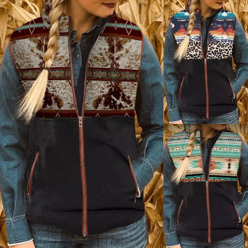 Wholesale Western Ethnic Style Zipper Women's Cardigan Black Vest Print Jacquard Patchwork
