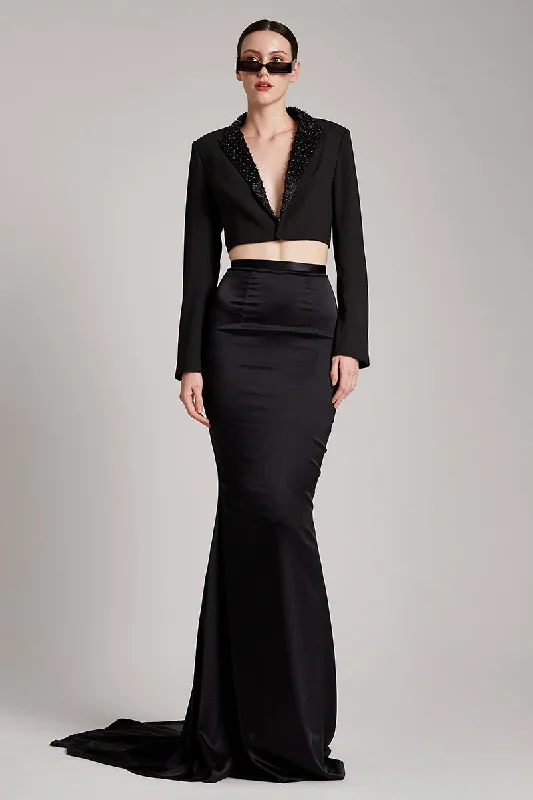 Crystals Embellished Cropped Tailored Blazer in Black Women's Trendy Jacket