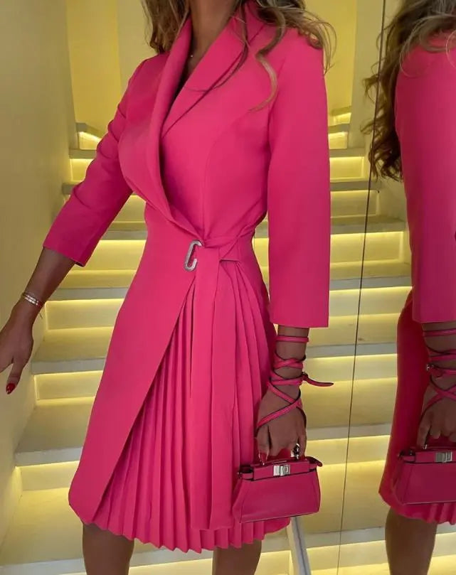 2023 Elegant Office Lady Pleated Blazer Dress Women Spring Autumn Fashion Bodycon Party Slim Dress with Slit Tied Dress Vestidos Women's Classic Blazer 2023 Elegant Office Lady Pleated Blazer Dress Women Spring Autumn Fashion Bodycon Party Slim Dress with Slit Tied Dress Vestidos Women's Classic Blazer
