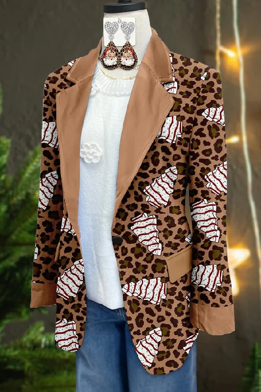Vintage Leopard Christmas Tree Print Blazer Women's Boutique Suit
