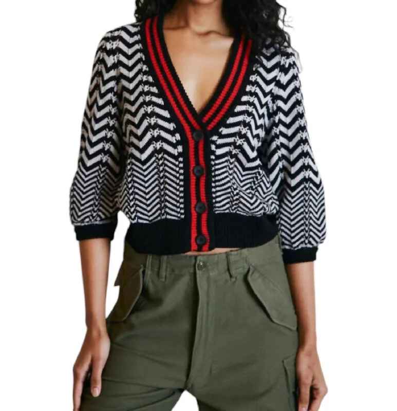 Chevron Stitch Cardigan In Black Combo Terry Blend Velvet Blend Canvas Blend