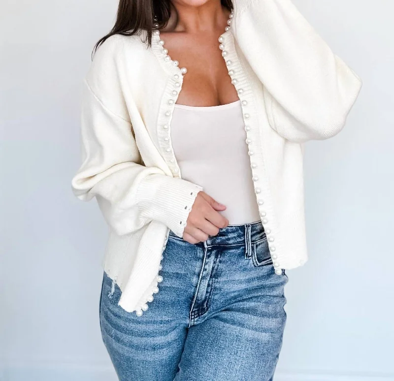 Pearl Trim Cardigan In Cream Notch Collar Peter Pan Collar Cowl Neck