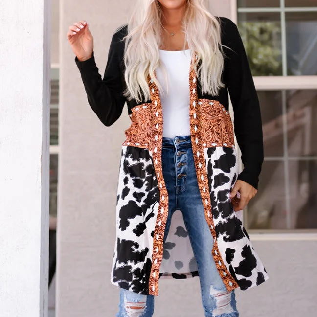 Wholesale Winter Polyester Cow Pattern Western Denim Patchwork Knitted Cardigan Mid Length Jacket Handmade Hand-knitted Hand-woven