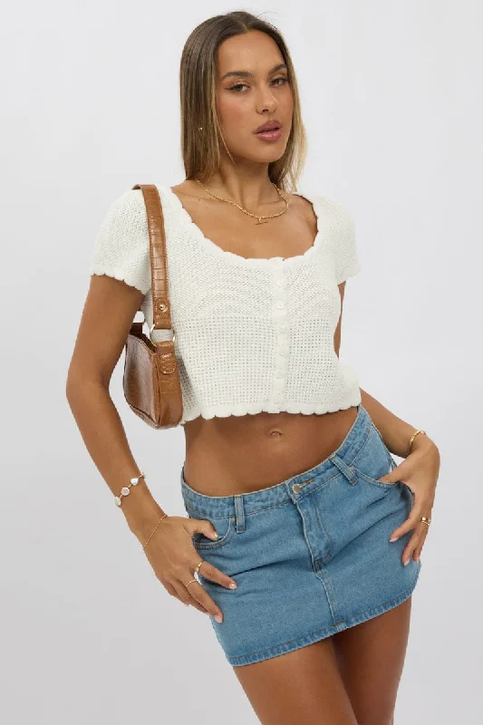 White Crochet Knit Cardigan Short Sleeve Neon metallic Matte