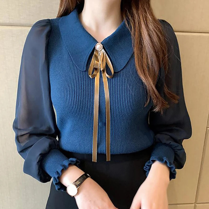 Women Patchwork Sweater Chiffon Lantern Sleeve Turn-down Collar Pullover Office Lady Sweater For Women 2023 Autumn Winter Hooded Sweater Collared Sweater Shawl Collar Women Patchwork Sweater Chiffon Lantern Sleeve Turn-down Collar Pullover Office Lady Sweater For Women 2023 Autumn Winter Hooded Sweater Collared Sweater Shawl Collar