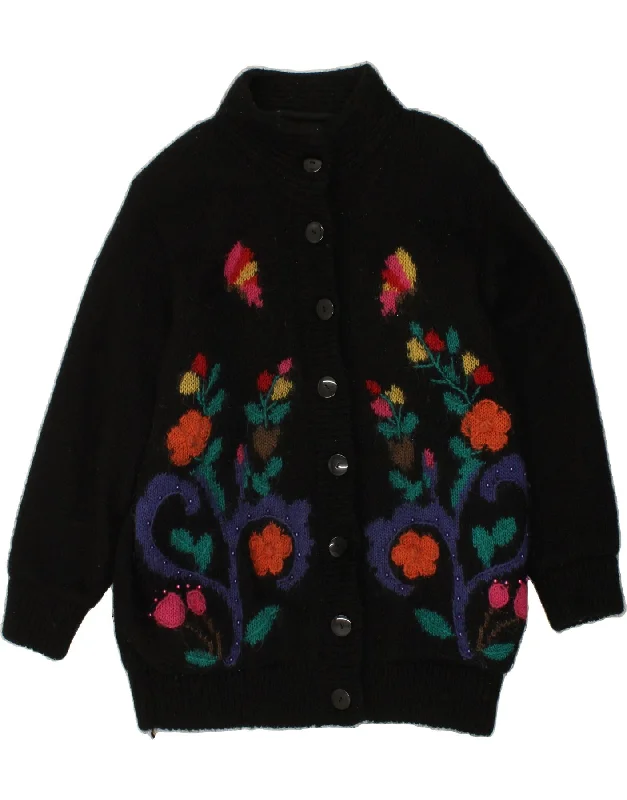 ABEL Womens Longline Cardigan Sweater One Size Black Floral Mohair Stretchy Elastic Breathable