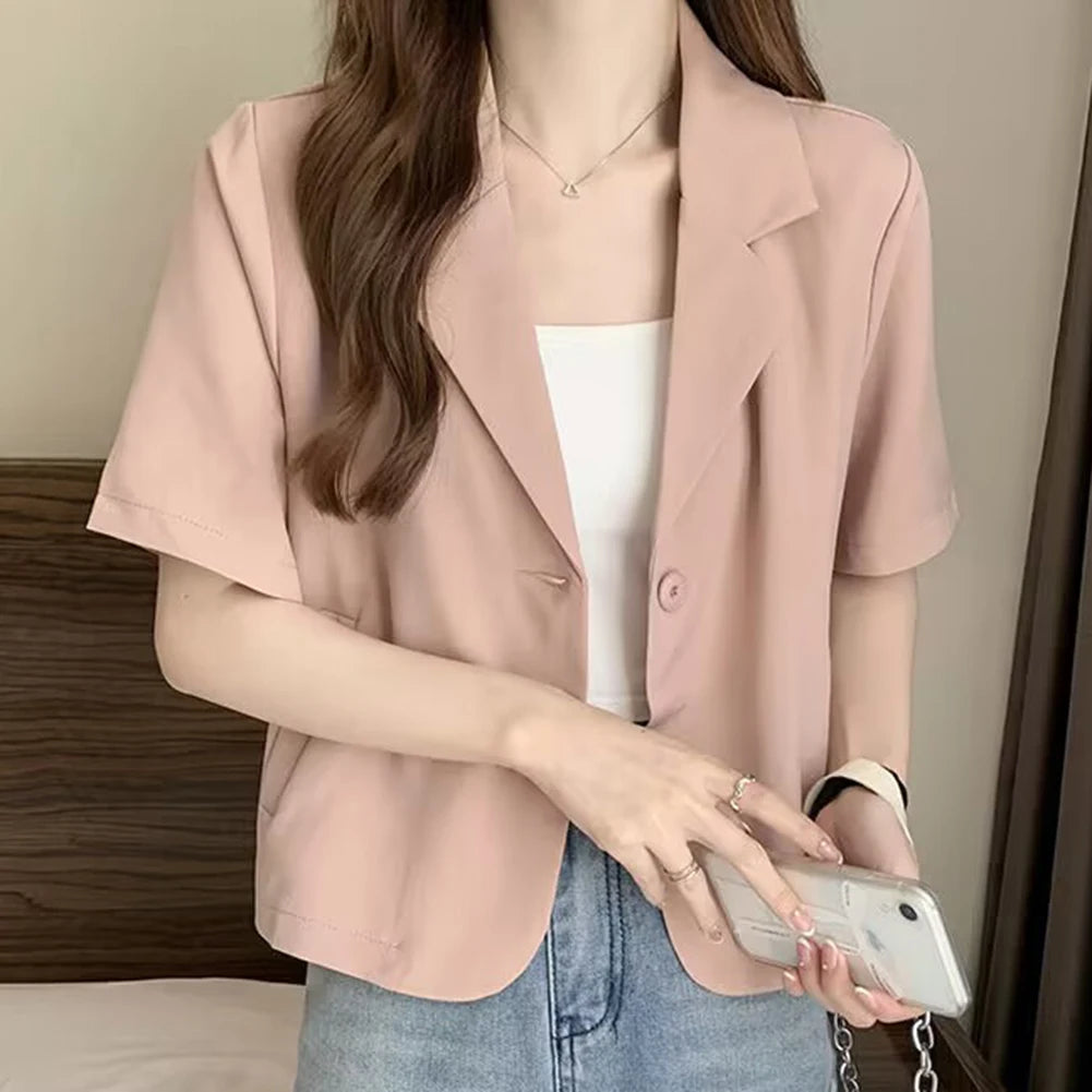 Summer Blazers Women Blazers Medium Elasticity Polyester Short Sleeves Single Breasted Solid Color Summer Hot New Women's Vintage Jacket