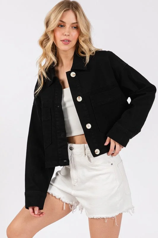Hazel Blues® |  bytos Button Down Cropped Denim Jacket with Patch Pockets Cardigan Sweater Pullover