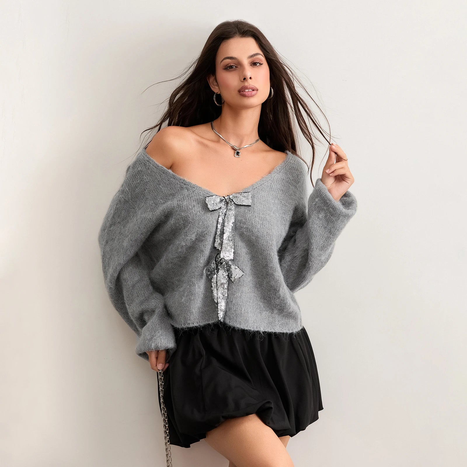 Advbridge Women's Y2K Cute Fall Glitter Sequined Bow Tied Front Loose Fit Sweater Long Sleeve V-Neck Cropped Knitwear Cardigans Transparent Opaque Sheer