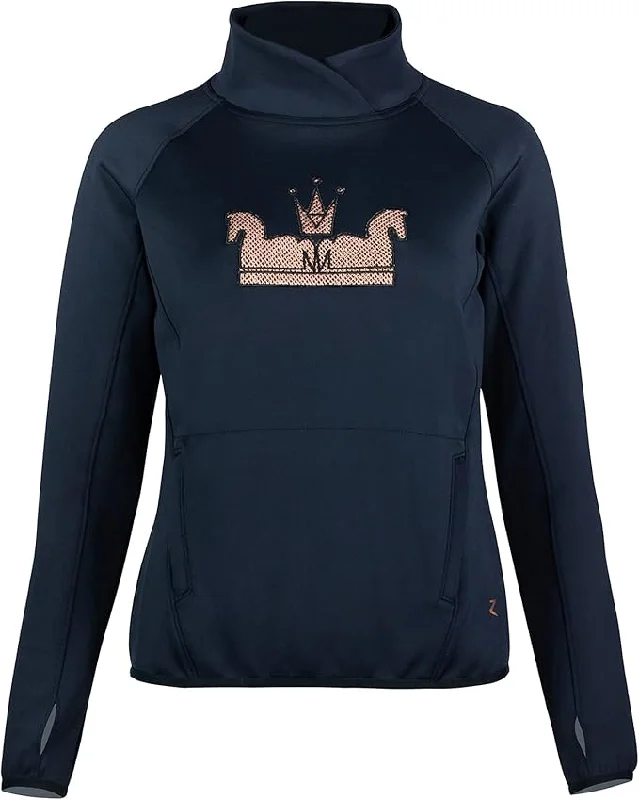 Horze Emilia Women's Equestrian Cowl Neck Technical Navy Sweater Glitter Image Stretchy Elastic Breathable Horze Emilia Women's Equestrian Cowl Neck Technical Navy Sweater Glitter Image Stretchy Elastic Breathable