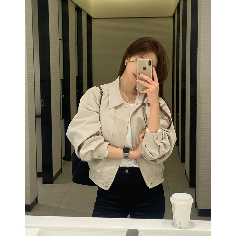 Advbridge Women's Solid Zipper Jacket Fashion Korean Loose Streetwear Button Coat Autumn Winter Lady Casual Simple Cardigan Outerwear Layered Multi-layer Single Layer