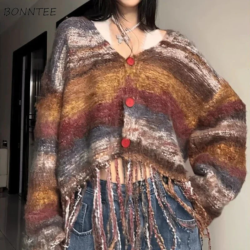 Advbridge Knitted Cardigan Women Striped Vintage Sweater Casual Baggy Autumn Streetwear V-neck Personality Soft Кардиган Женский Glossy Satin Silk Advbridge Knitted Cardigan Women Striped Vintage Sweater Casual Baggy Autumn Streetwear V-neck Personality Soft Кардиган Женский Glossy Satin Silk