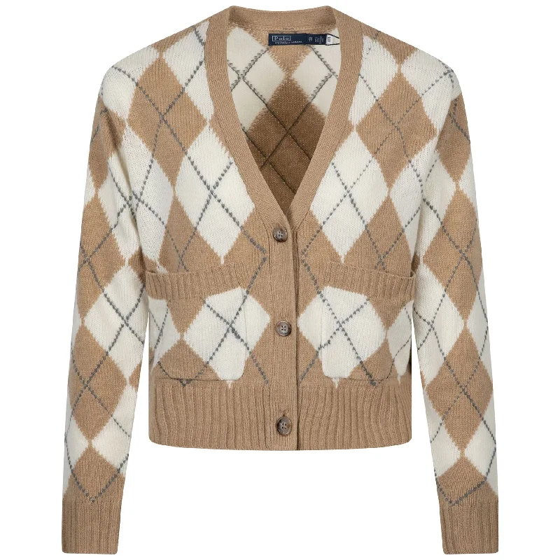 Womens Argyle Wool V-Neck Cardigan Camel Multi - SS24 Glossy Satin Silk