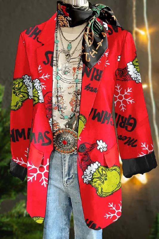 Stylish Christmas Grinch Print Blazer Women's High-End Blazer