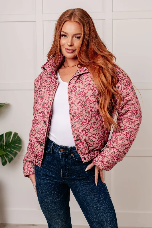 Hazel Blues® | Wish Me Well Floral Printed Puffer Jacket in Rose Multi Snapped Jacket Toggled Jacket Drawstring Jacket Hazel Blues® | Wish Me Well Floral Printed Puffer Jacket in Rose Multi Snapped Jacket Toggled Jacket Drawstring Jacket