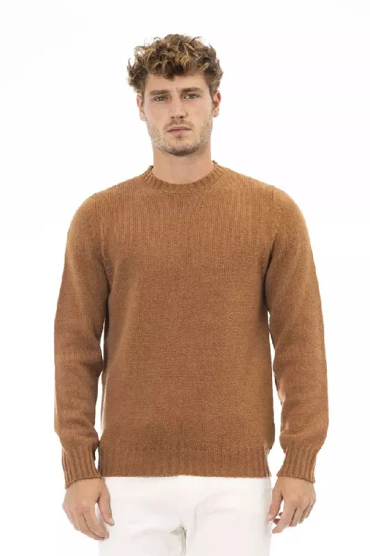 Beige Alpaca Men Sweater Chenille Brocade Lace