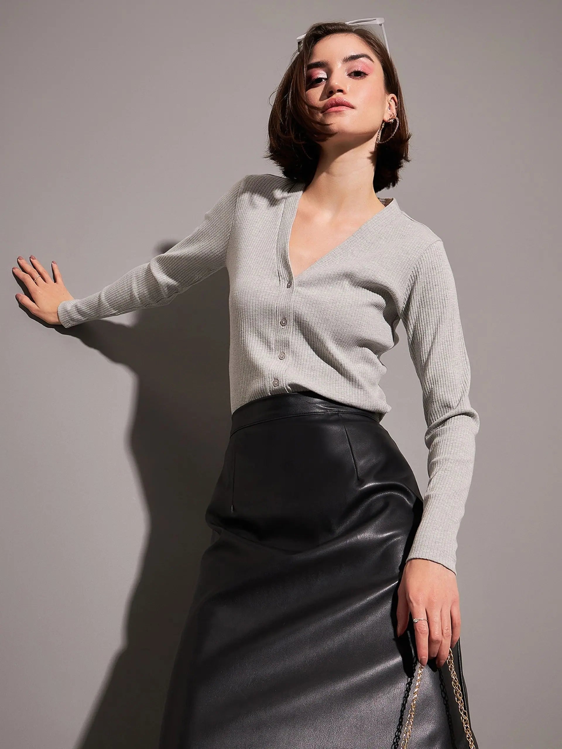 Women Grey Rib Front Open Cardigan Top Houndstooth Herringbone Solid