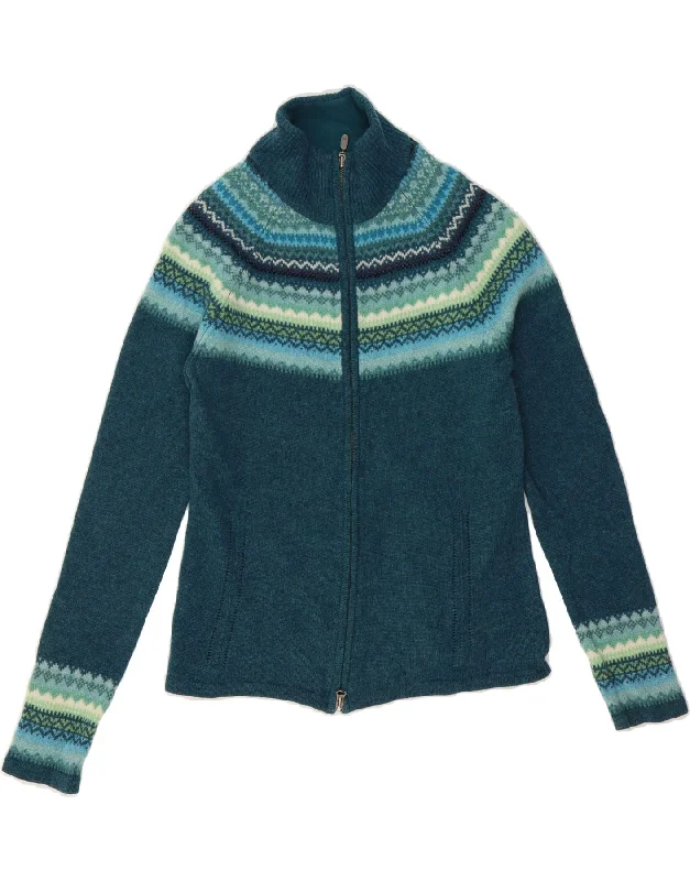 EDDIE BAUER Womens Cardigan Sweater UK 12 Medium Blue Fair Isle Lambswool Beaded Cardigan Sequined Faux Fur