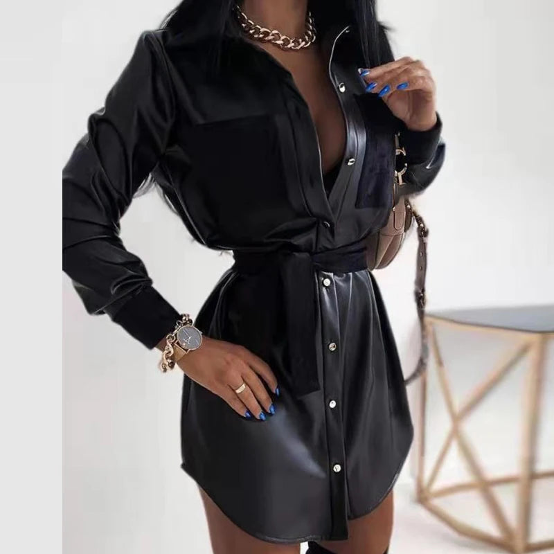 Advbridge Winter Women Temperament Feather Dress Commute Female Long Sleeve PU Dresses Autumn Elegant Button Lace-up Cardigan Party Dress Solid Color Striped Floral Print