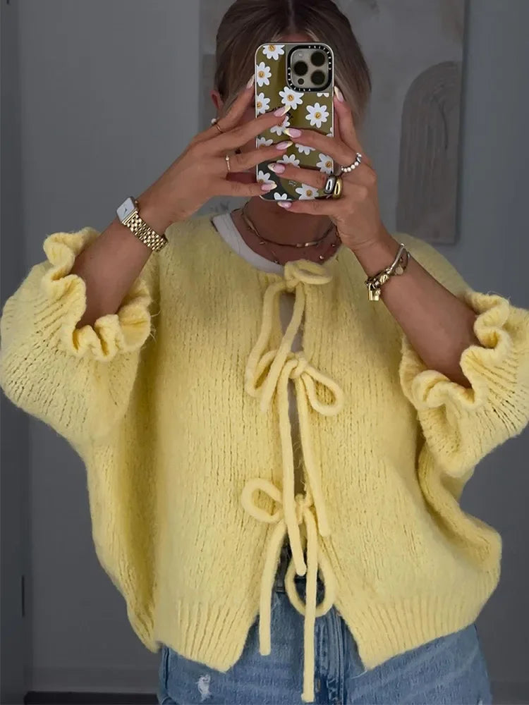 Advbridge Women's Chic Yellow Lace Up Hollow Out Knitted Cardigans Elegant Round Neck Ruffles Sleeves Sweater 2024 Lady New Loose Knitwear Oversized Loose Flowy