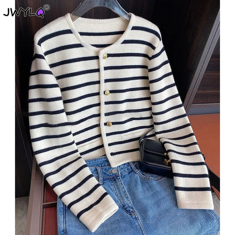 Korean Fashion Sweater Cardigan White Black Striped Knitted Sweater Women 2023 Winter Short Cardigan Long Sleeve Cardigan Female Plaid Sweater Polka Dot Checkered Korean Fashion Sweater Cardigan White Black Striped Knitted Sweater Women 2023 Winter Short Cardigan Long Sleeve Cardigan Female Plaid Sweater Polka Dot Checkered