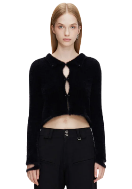 Fleece Rivet Cardigan Houndstooth Herringbone Solid