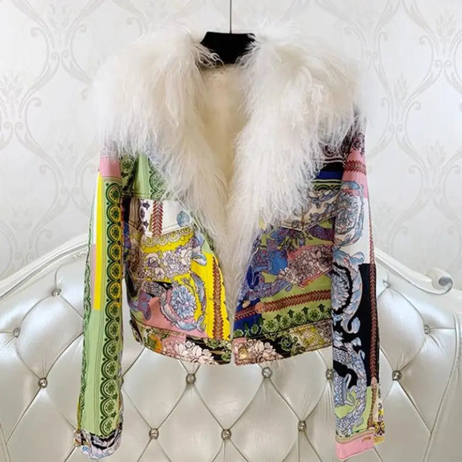 Real Natural Mongolia Sheep Fur Coat for Women 2023 autumn winter Korean thickened printed denim parka Female Fur Jacket Y4251 Cozy Lined Parka Jacket