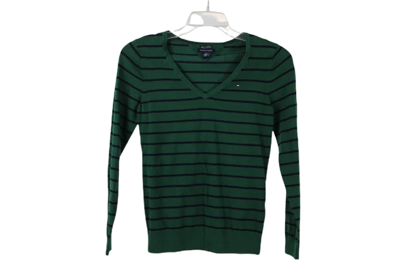 Tommy Hilfiger Pima Cotton Green Striped Sweater | M Terry Blend Velvet Blend Canvas Blend