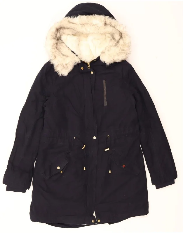 OASIS Womens Hooded Parka Jacket UK 10 Small Navy Blue Polyester Trendy Fur-Lined Parka OASIS Womens Hooded Parka Jacket UK 10 Small Navy Blue Polyester Trendy Fur-Lined Parka