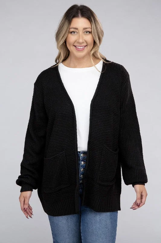 Plus Low Gauge Waffle Open Cardigan Sweater Boat Neck Shawl Collar Notched Collar