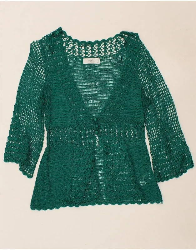 WALLIS Womens Petite 3/4 Sleeve Crochet Cardigan Top UK 12 Medium Green Fitted Slim Tailored
