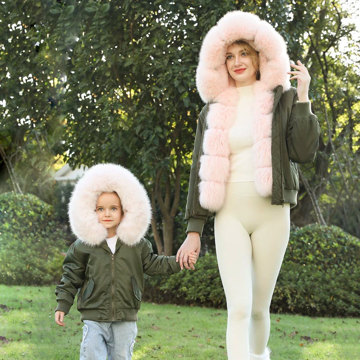 JANEFUR Fur Lined Parka Parent-Child Set Real Fox Fur Collar Bomber Jacket Women Girls Thick Warm Winter Coat Quilted Stylish Parka Coat