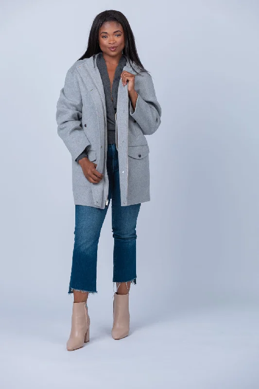 Theory St Parka Coat in Melange Grey Trendy Fur-Lined Parka