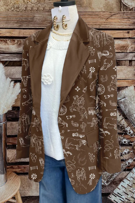 Vintage Western Print Long Sleeve Blazer Women's Elegant Suit
