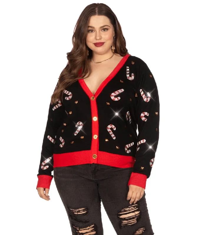 Women's Sequin Candy Cane Plus Size Cardigan Sweater Iron Safe Non-Iron Wrinkle Free Women's Sequin Candy Cane Plus Size Cardigan Sweater Iron Safe Non-Iron Wrinkle Free