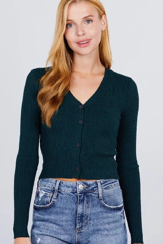 Long Sleeve V-neck W/button Down Crop Cardigan Soft Cozy Warm